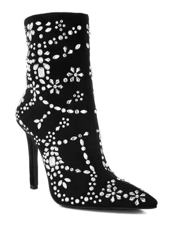 Black diamante embellished boots displayed against neutral background.