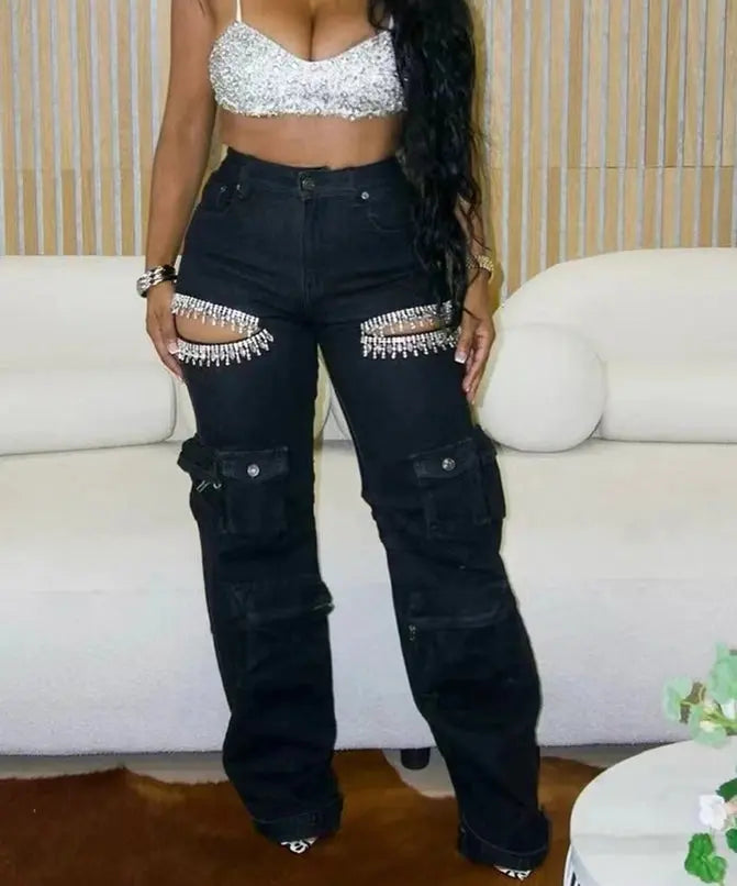 Model wearing black Distressed Wash Cargo Jeans Couture Envy close up view