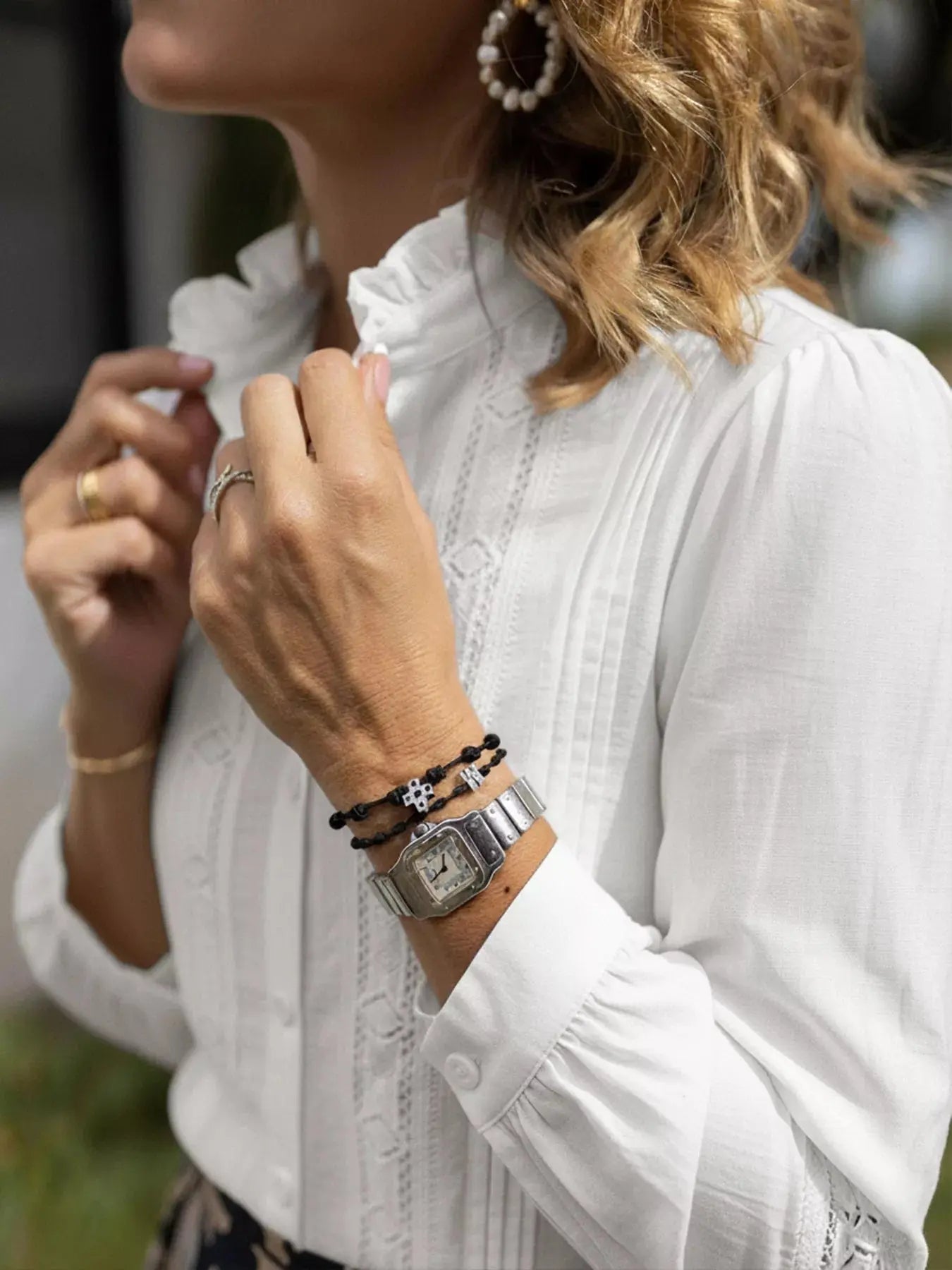 Women’s lace trim long sleeve shirt in elegant white - collar close up