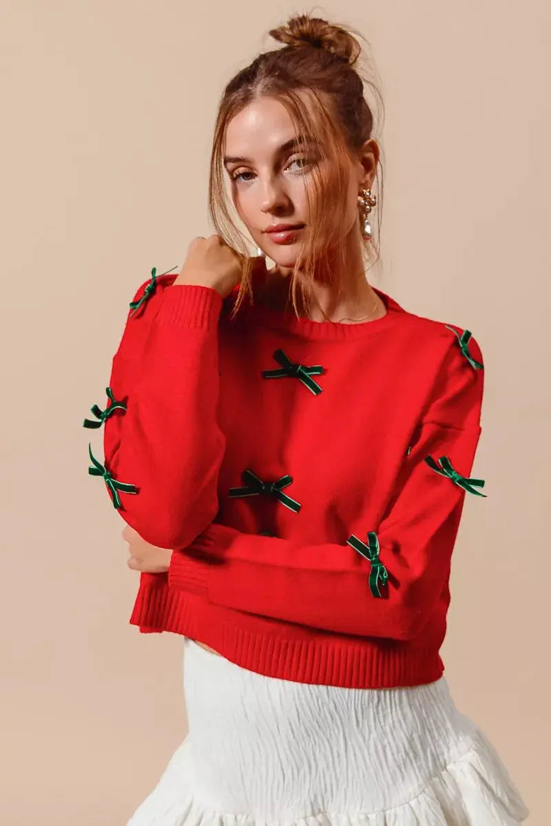 SO ME Ribbon Bow Applique Sweater model wearing red knit top
