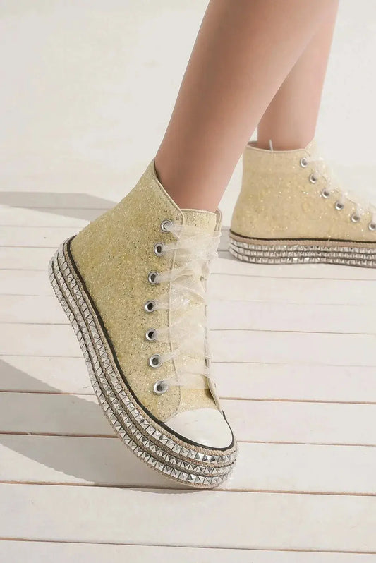 Beast Fashion Glitter Lace-Up Studded Platform Sneakers – front view