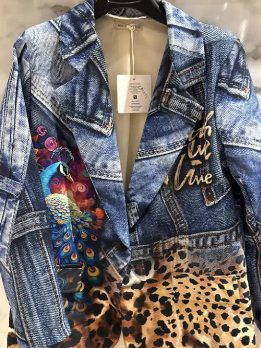 Italian parrot and leopard print mixed-media denim blazer – front view.