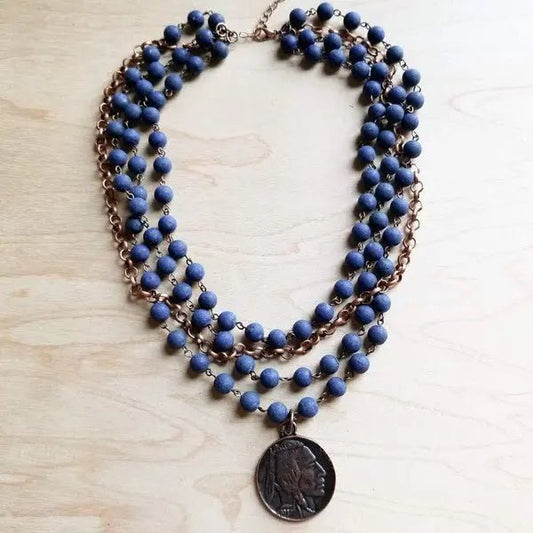 Blue Lapis Gemstone Necklace with Indian Head Coin - Couture Envy