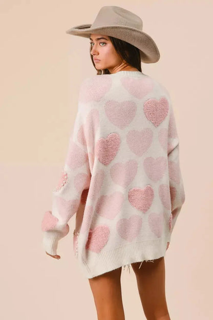 BiBi heart pattern sweater with pearl details in pink - back view