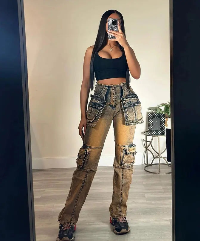 Patchwork Cargo Accordion Jeans