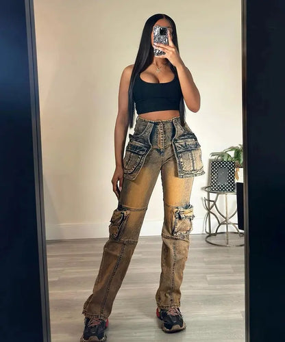 Patchwork Cargo Accordion Jeans