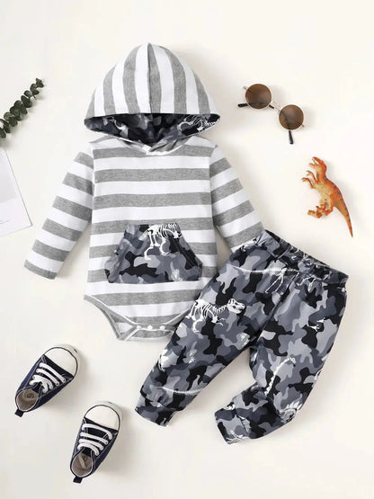 Children's Striped Hooded Bodysuit and Camouflage Pants Set on white background.