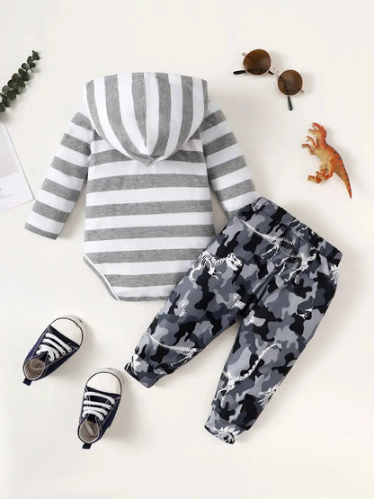 Children's Striped Hooded Bodysuit and Camouflage Pants Set on white background - Couture Envy