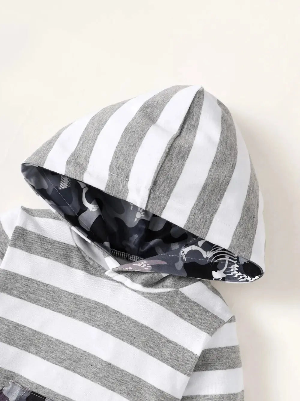 Children's Striped Hooded Bodysuit closeup picture of hoodie.