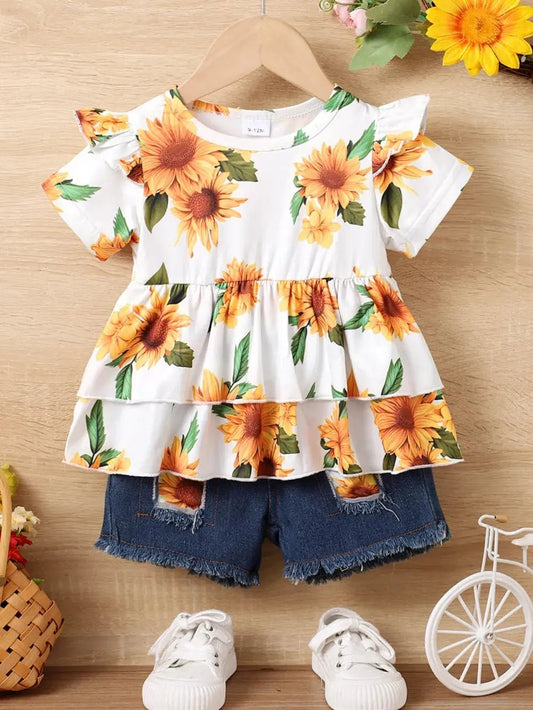 Children's Sunflower Ruffled Short Sleeve Top and Shorts Set - Couture Envy