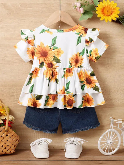 Children's Sunflower Ruffled Short Sleeve Top and Shorts Set - Couture Envy