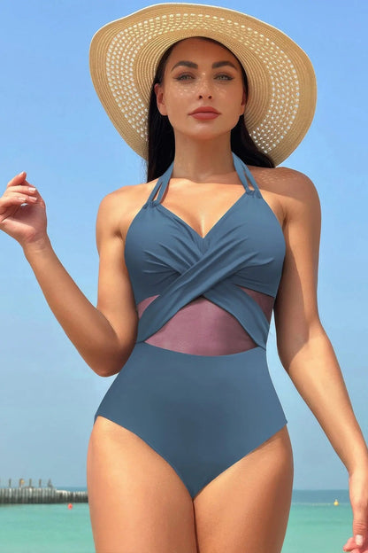 Color Block Halter Cross Lace One Piece Swimsuit - Couture Envy