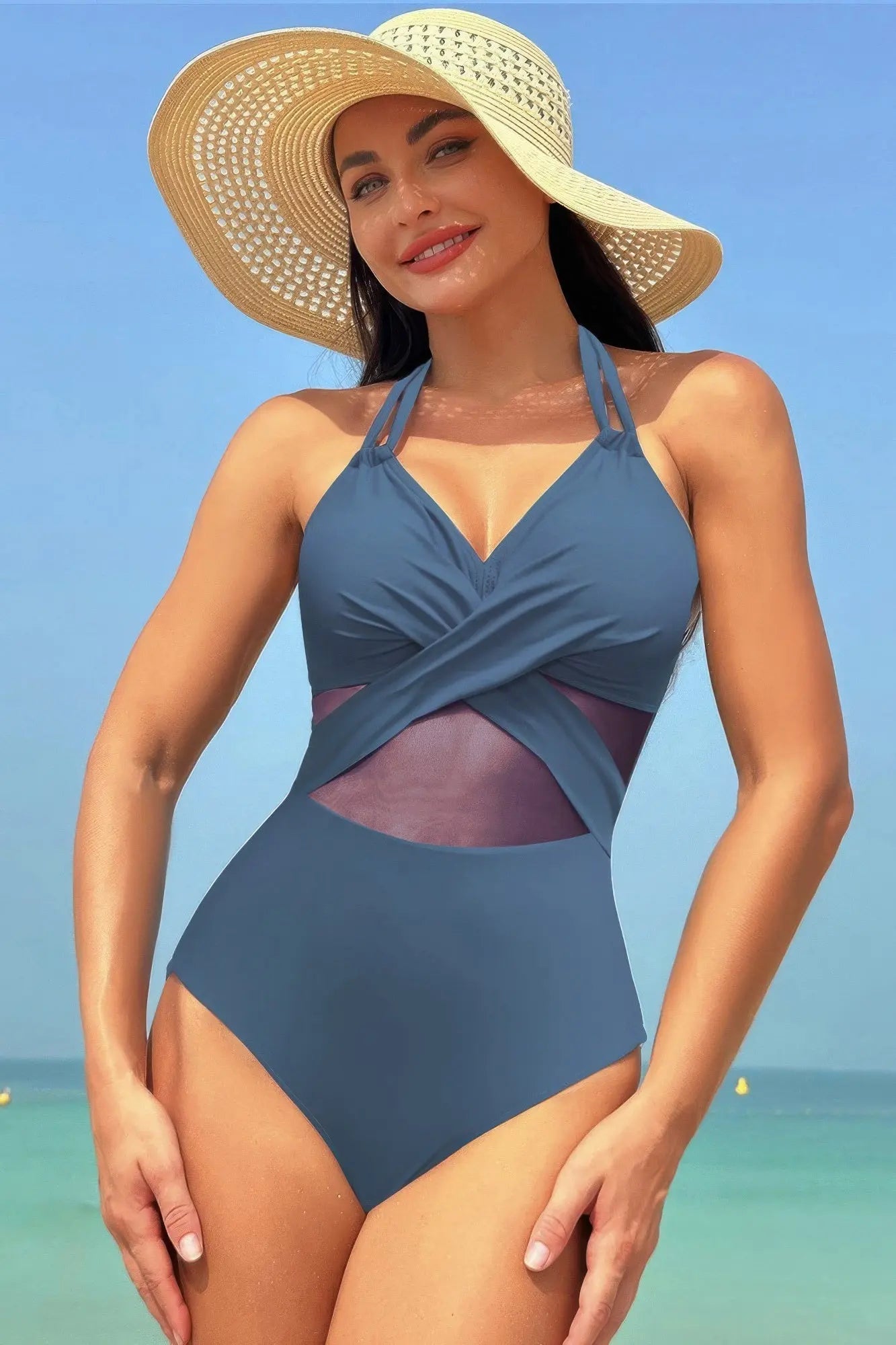 Color Block Halter Cross Lace One Piece Swimsuit - Couture Envy