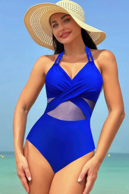Color Block Halter Cross Lace One Piece Swimsuit - Couture Envy