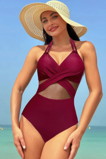 Color Block Halter Cross Lace One Piece Swimsuit - Couture Envy