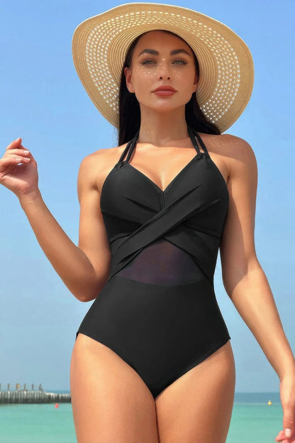Color Block Halter Cross Lace One Piece Swimsuit - Couture Envy