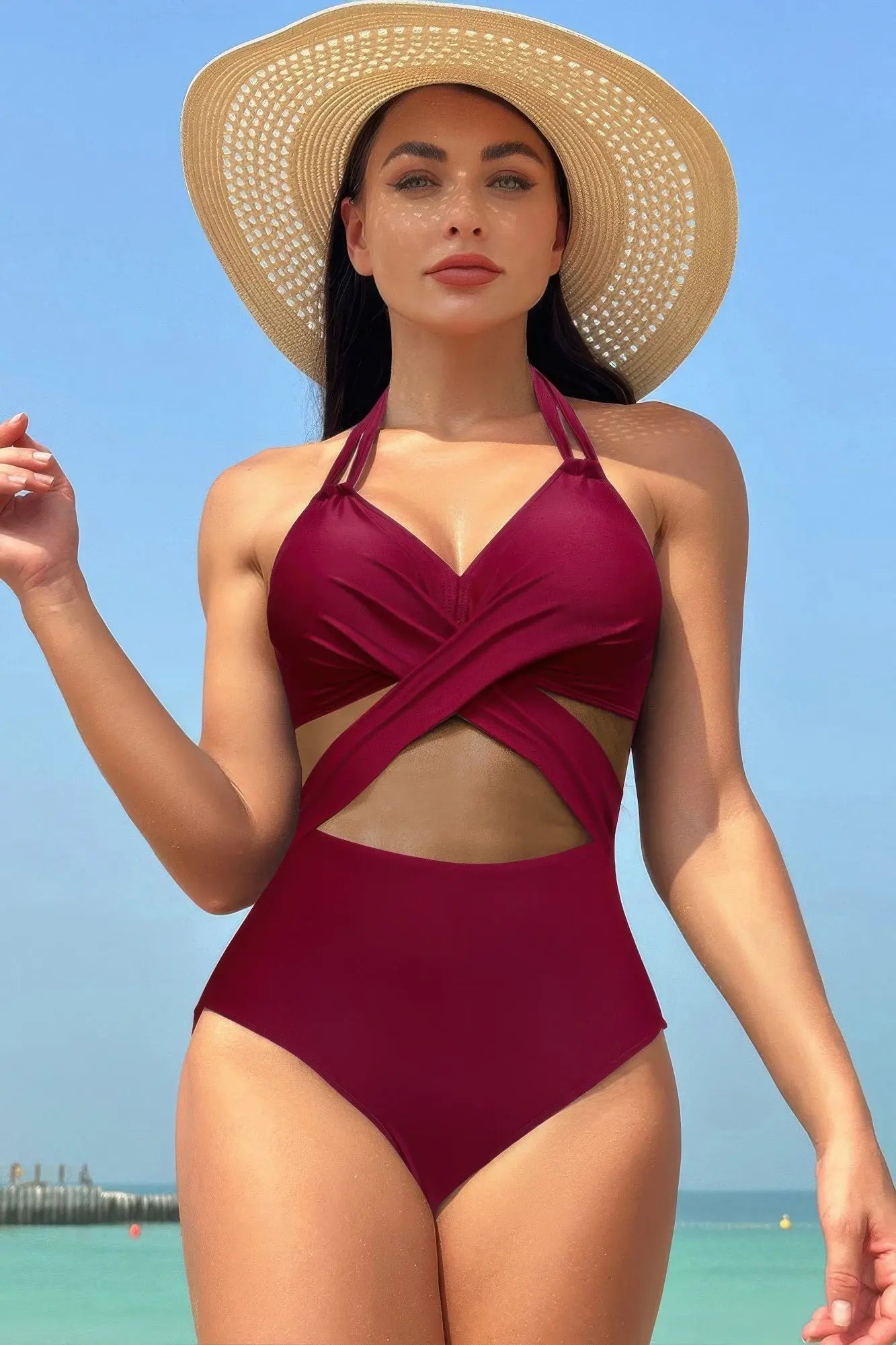 Color Block Halter Cross Lace One Piece Swimsuit - Couture Envy