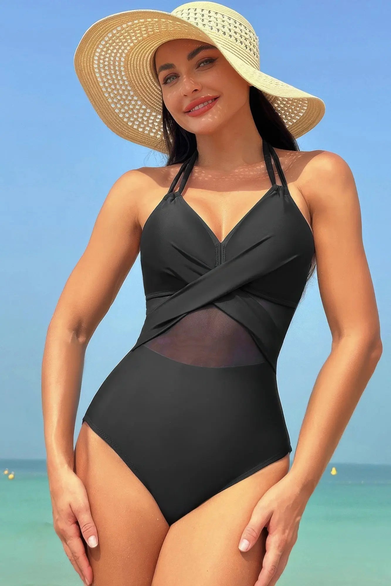 Color Block Halter Cross Lace One Piece Swimsuit - Couture Envy