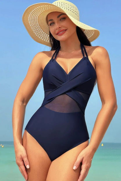 Color Block Halter Cross Lace One Piece Swimsuit - Couture Envy