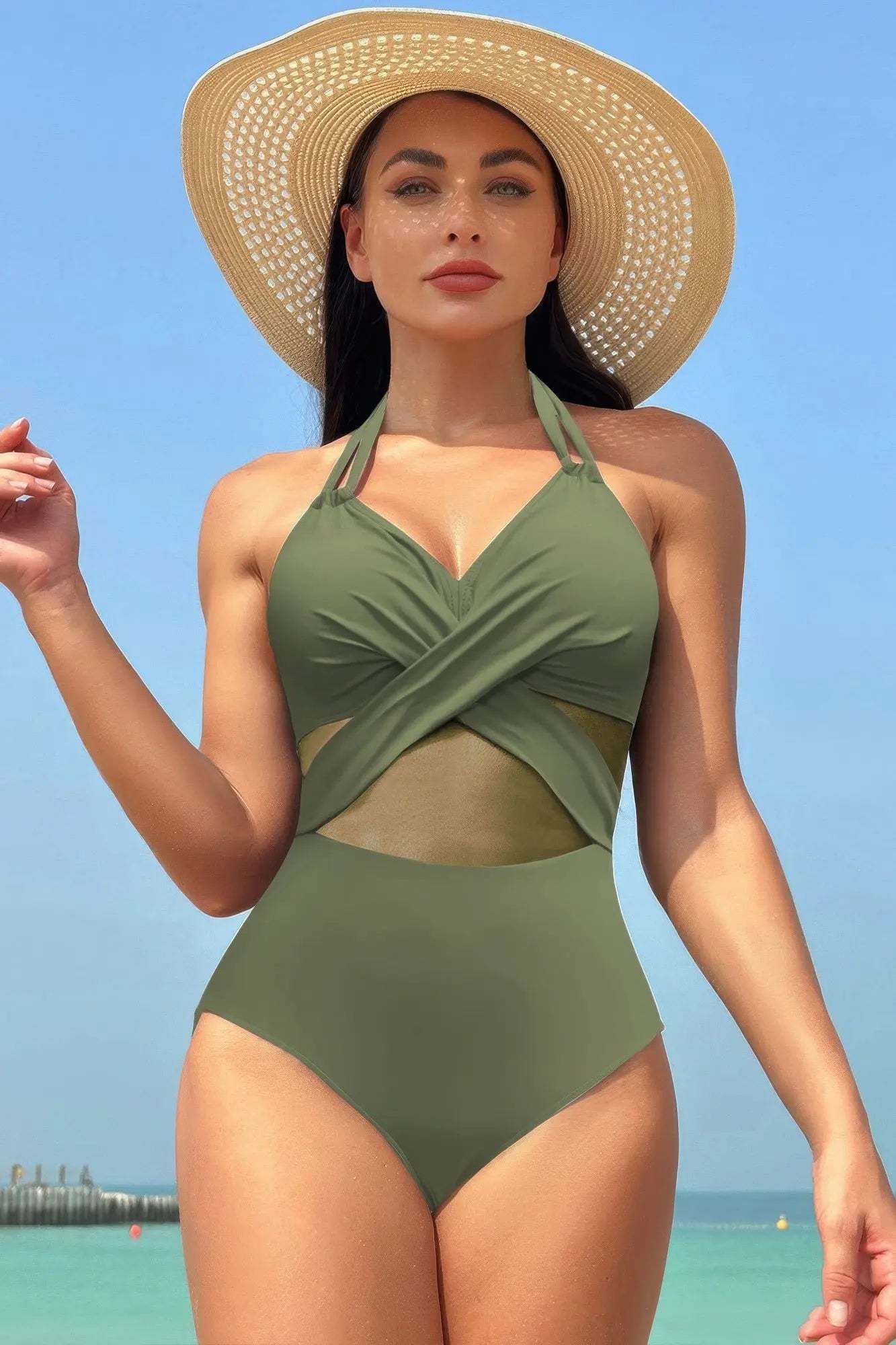 Color Block Halter Cross Lace One Piece Swimsuit - Couture Envy