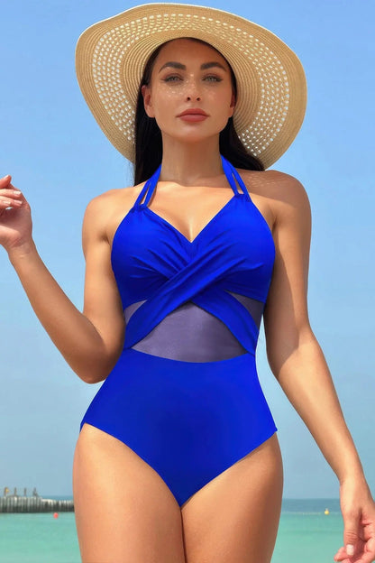 Color Block Halter Cross Lace One Piece Swimsuit - Couture Envy