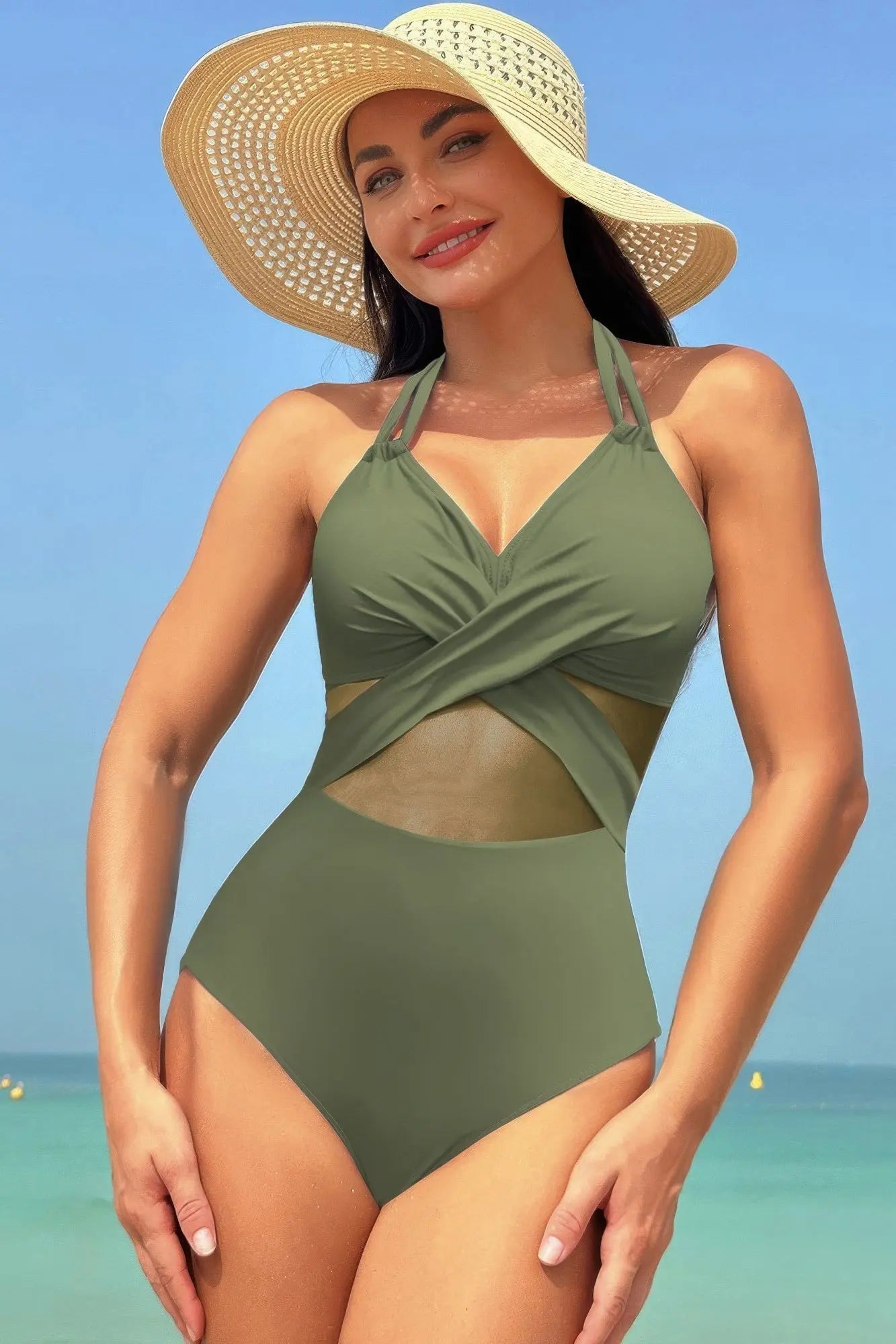 Color Block Halter Cross Lace One Piece Swimsuit - Couture Envy