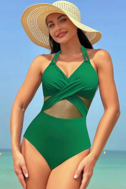 Color Block Halter Cross Lace One Piece Swimsuit - Couture Envy