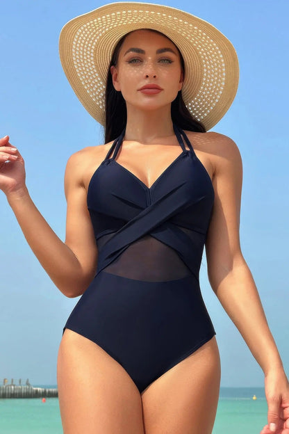 Color Block Halter Cross Lace One Piece Swimsuit - Couture Envy