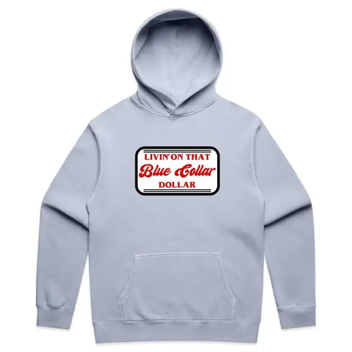 Blue Collar Dollar hoodie in faded powder color – front view.
