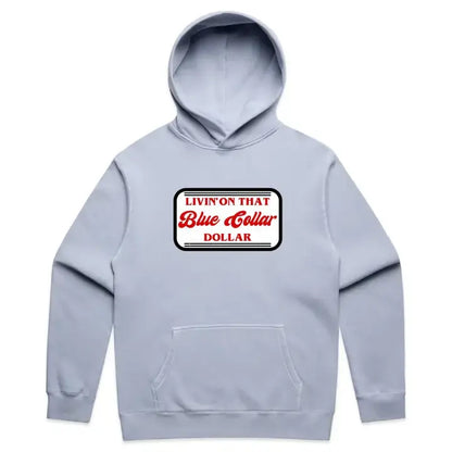 Blue Collar Dollar hoodie in faded powder color – front view.