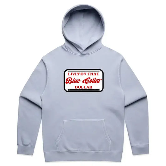Blue Collar Dollar hoodie in faded powder color – front view.