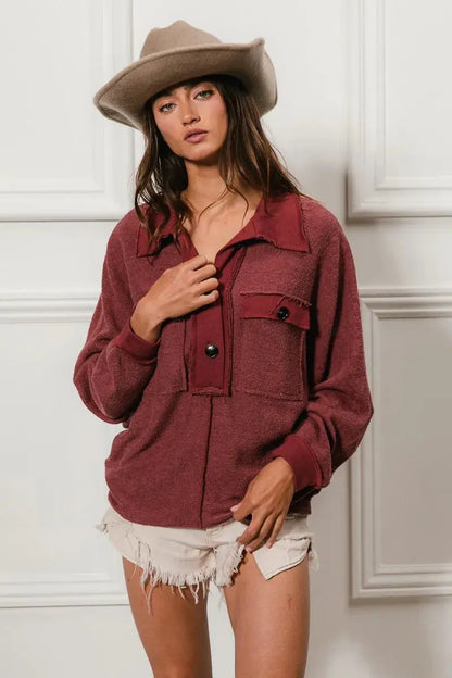 BiBi CP French Terry Cut Edge Detail Collared Top - front view