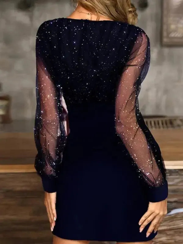Black sequin bodycon dress with sheer sleeves on model - back view