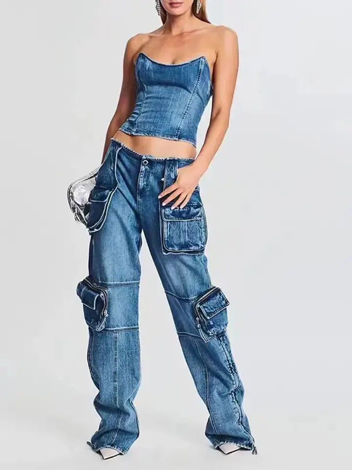 Model wearing Light Blue Patchwork Cargo Accordion Jeans front view holding purse.