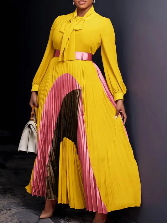 Yellow pleated long-sleeve midi dress with pink contrast panels