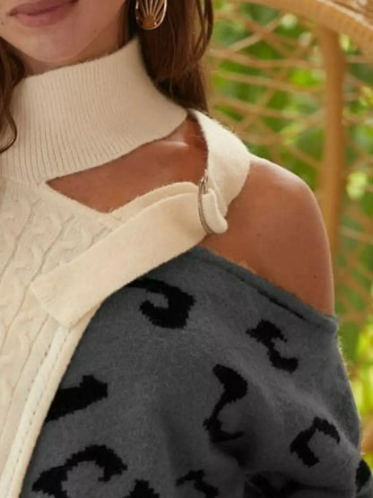 Close-up of cable-knit texture and one-shoulder design on female model