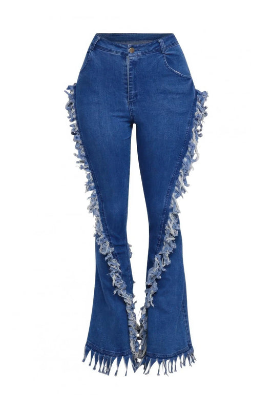 Distressed Fringe Denim Flared Pant - Couture Envy