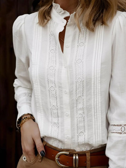 Women’s lace trim long sleeve shirt in elegant white- front view with model