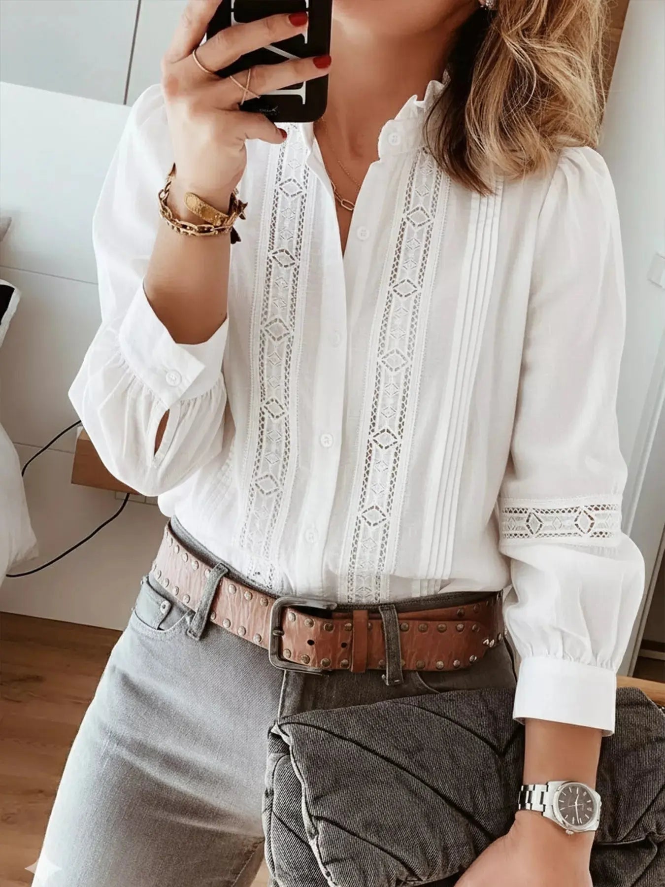 Women’s lace trim long sleeve shirt in elegant white