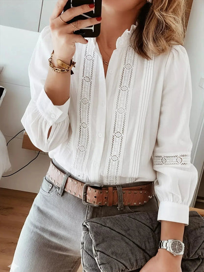 Women’s lace trim long sleeve shirt in elegant white