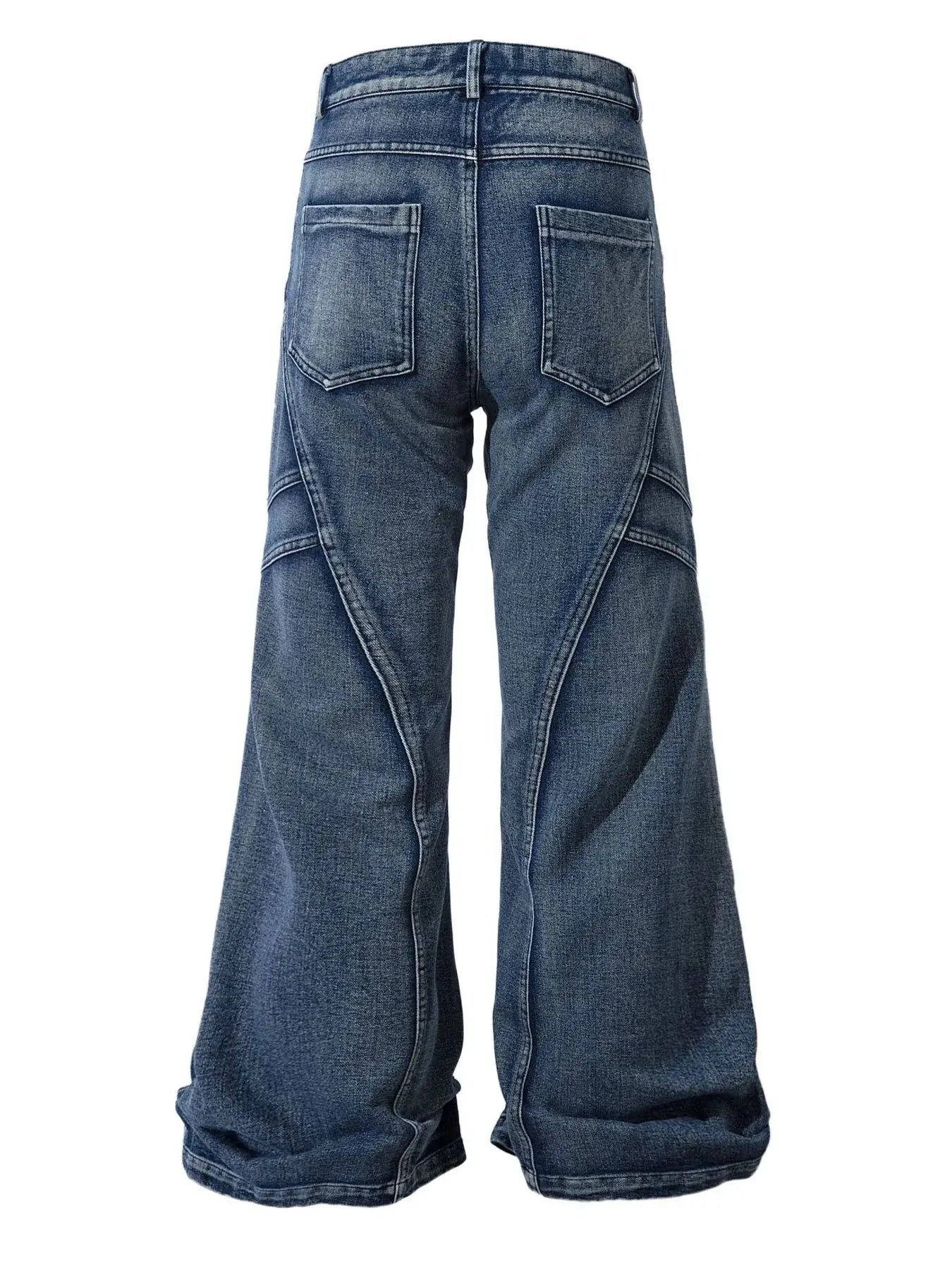 Back view of men’s wide-leg denim with clean seam lines.