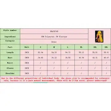 Product size chart with garment dimensions and a model image on a white background