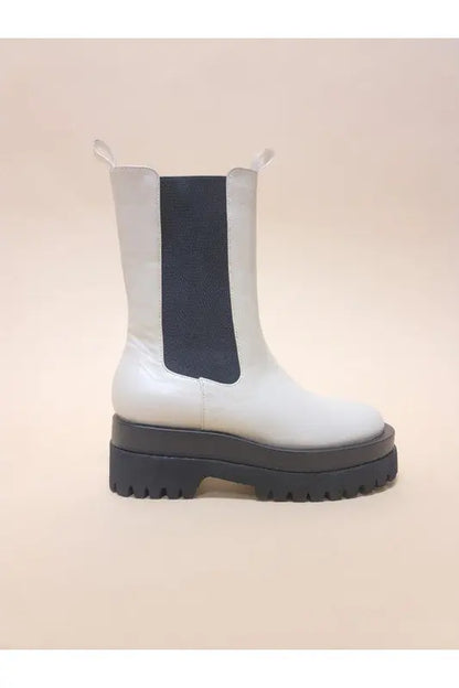 Cream PU platform combat boots mid-calf view