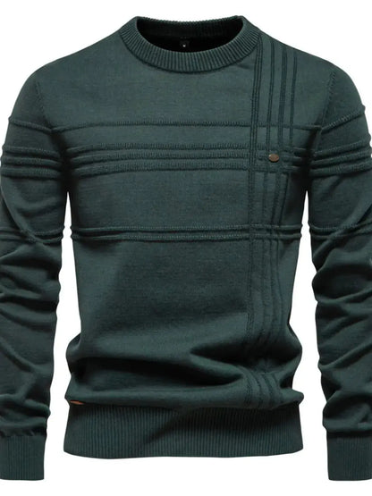 Men’s Round Neck Striped Sweater in Dark Green.
