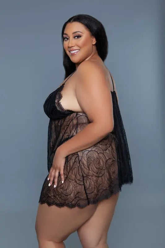 Floral lace babydoll with matching thong - side view on plus size female model