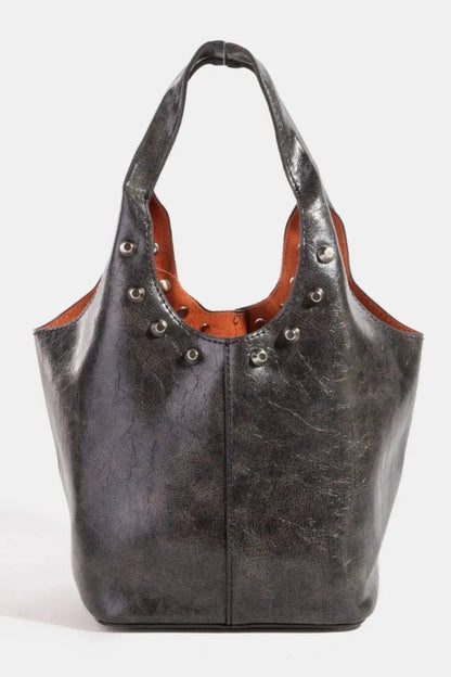 Fame Weathered Faux Leather And Studs Bucket Bag - Couture Envy
