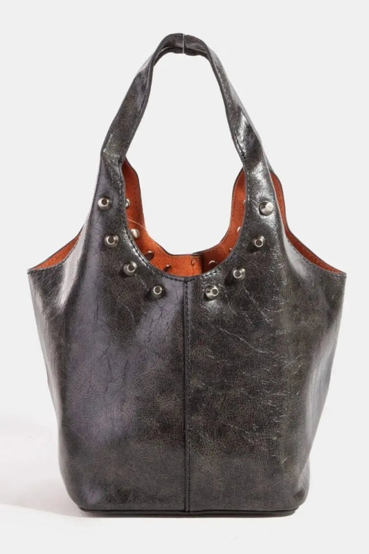 Fame Weathered Faux Leather And Studs Bucket Bag - Couture Envy