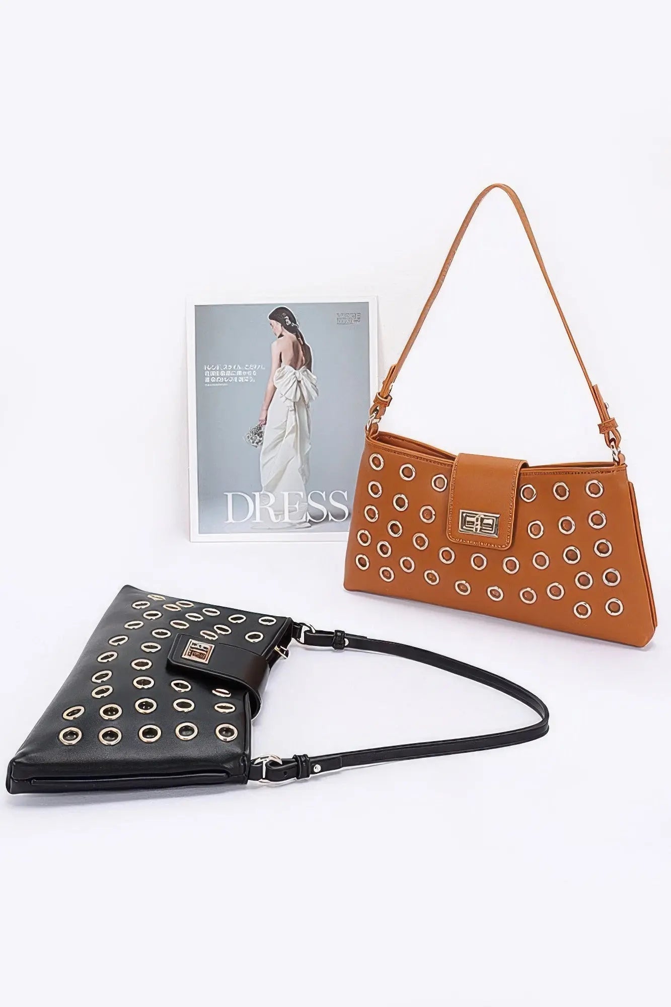 Faux Leather Eyelet Studded Shoulder Bag - Couture Envy