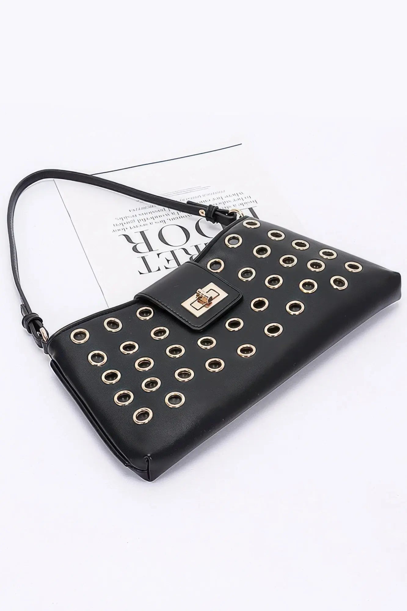 Faux Leather Eyelet Studded Shoulder Bag - Couture Envy