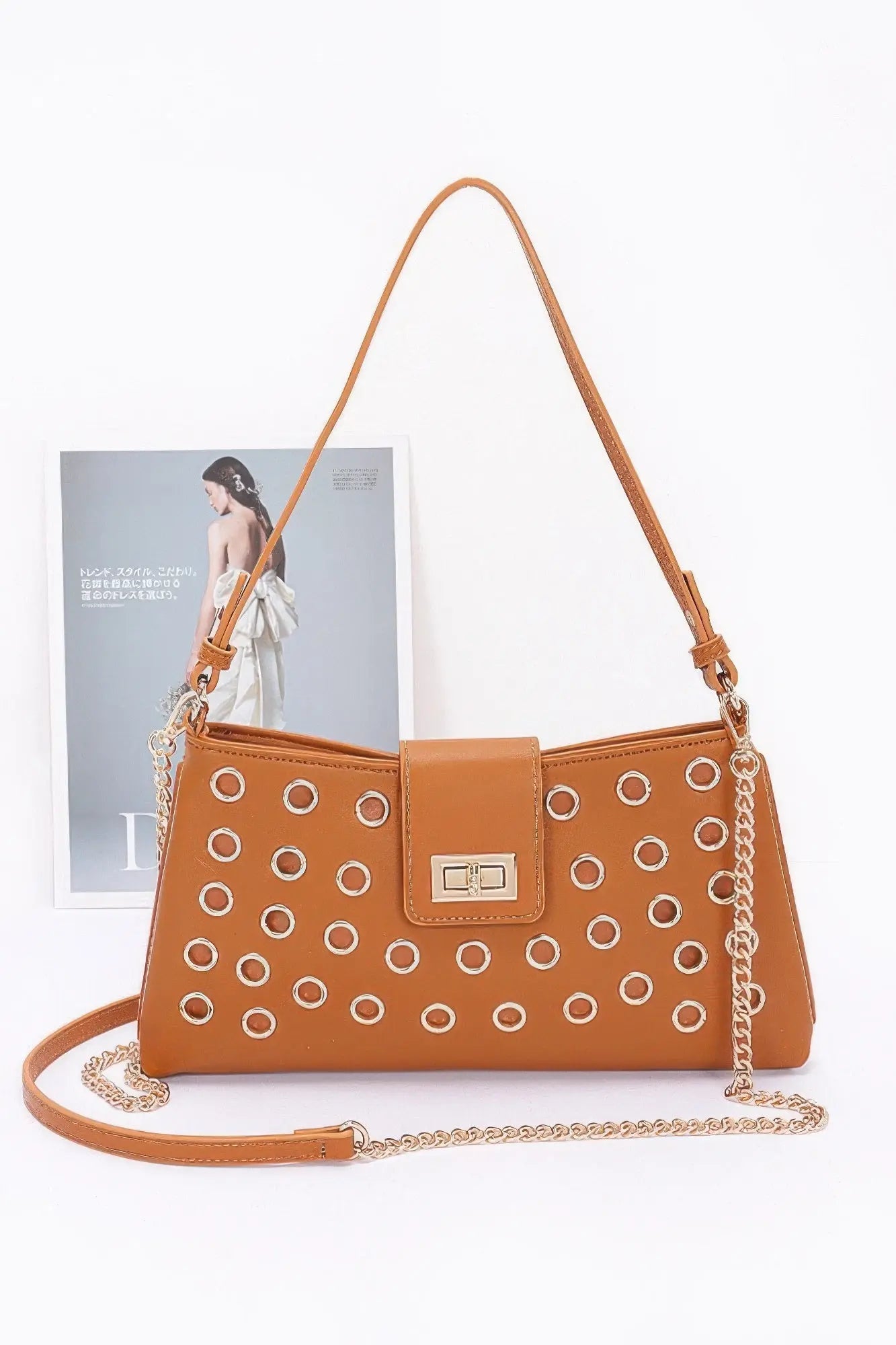 Faux Leather Eyelet Studded Shoulder Bag - Couture Envy